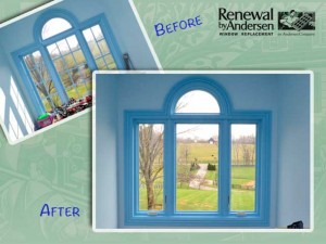 Before and After of picture window and casement windows with custom painted trim