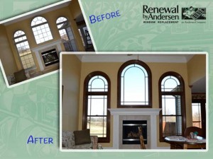 Before white interior arch top windows after wood trim and stained
